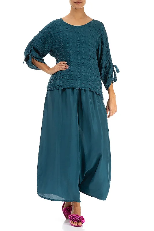 Wide Dark Teal Silk Trousers