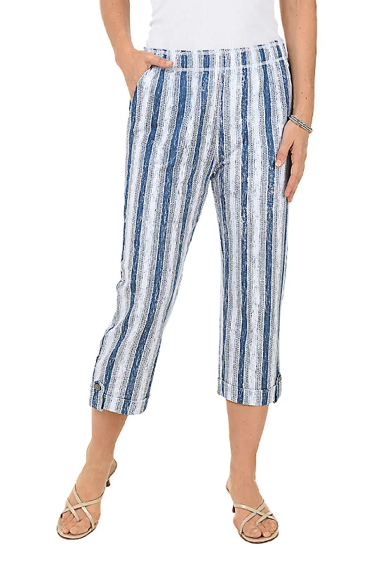 Striped Pull-On Button-Hem Capri Pant