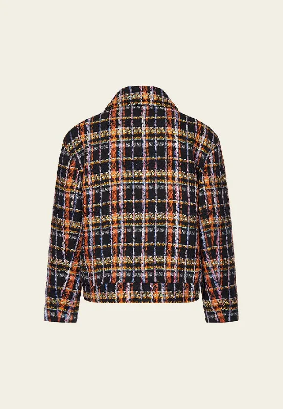 Orange Plaid Tweed Short Jacket with Collar