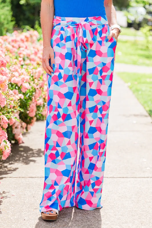 Fashionably Late Geometric Blue And Pink Belted Pants Kalee Rogers X Pink Lily