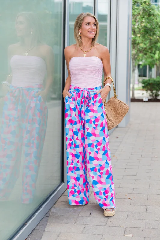 Fashionably Late Geometric Blue And Pink Belted Pants Kalee Rogers X Pink Lily