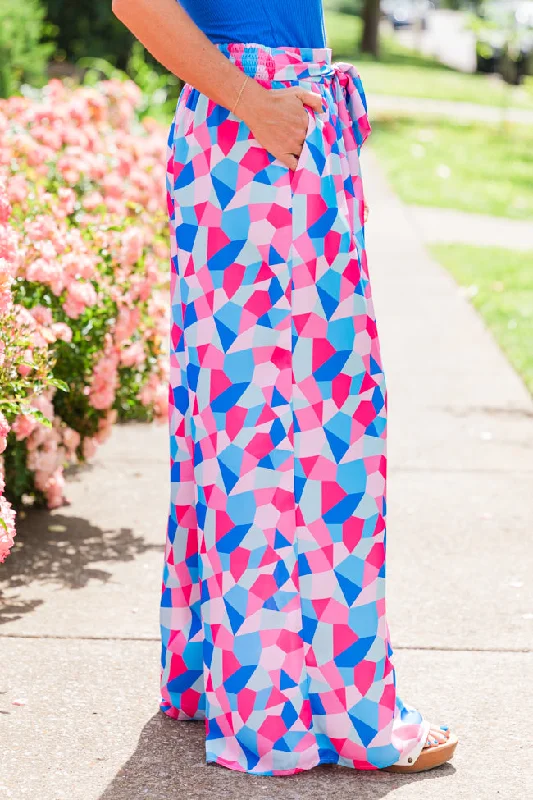 Fashionably Late Geometric Blue And Pink Belted Pants Kalee Rogers X Pink Lily