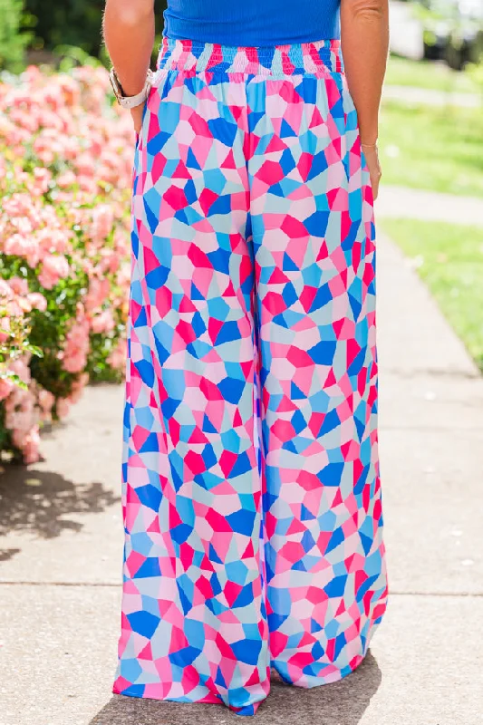 Fashionably Late Geometric Blue And Pink Belted Pants Kalee Rogers X Pink Lily