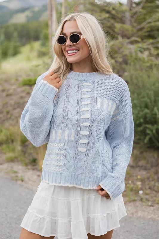 Hand In My Hand Blue and Ivory Contrast Stitch Detail Sweater