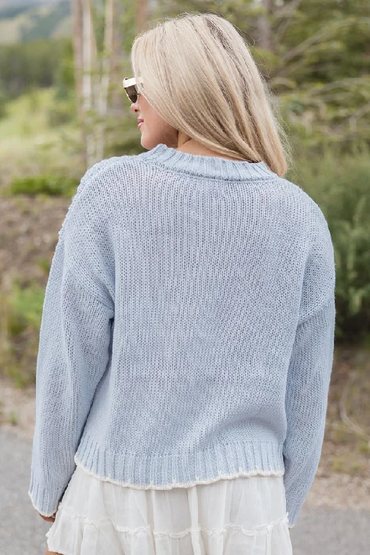 Hand In My Hand Blue and Ivory Contrast Stitch Detail Sweater