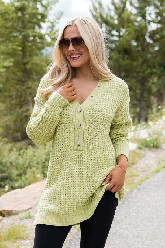 Just Keep Going Lime Henley Waffle Sweater