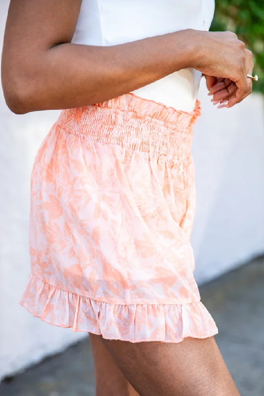 Lost In The Moment Orange Smocked Waist Ruffle Hem Printed Shorts FINAL SALE