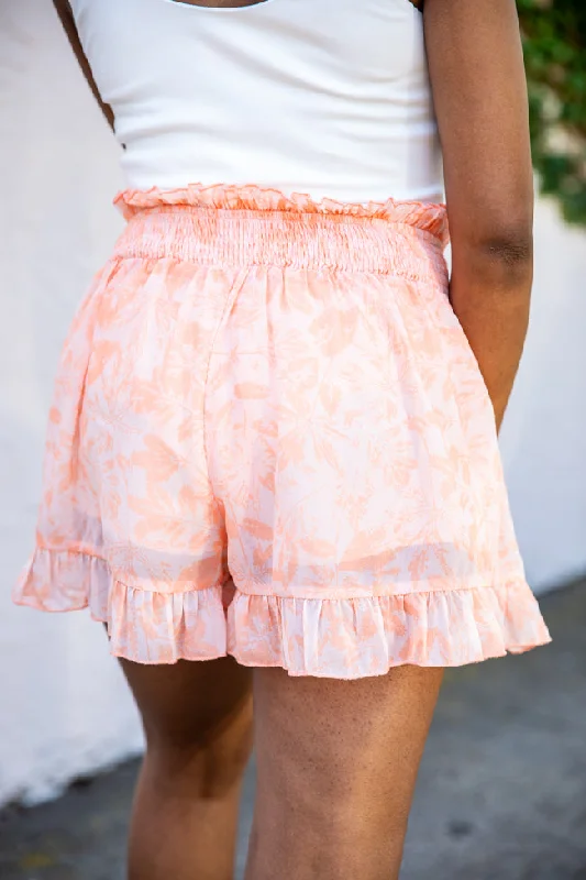 Lost In The Moment Orange Smocked Waist Ruffle Hem Printed Shorts FINAL SALE