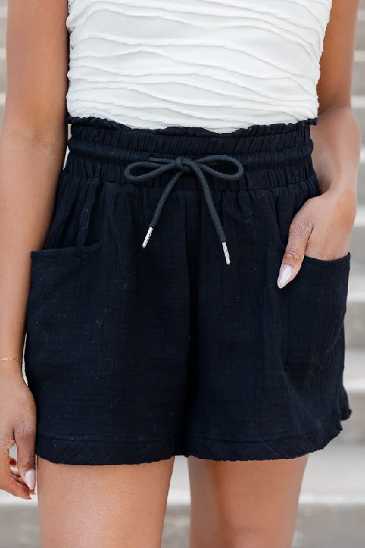 Ready For A Change Black Gauze Drawstring Shorts