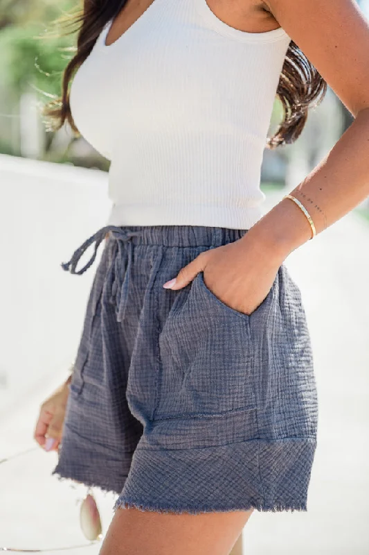 Ready To Go Navy Acid Wash Gauze Ruffle Hem Pull On Shorts