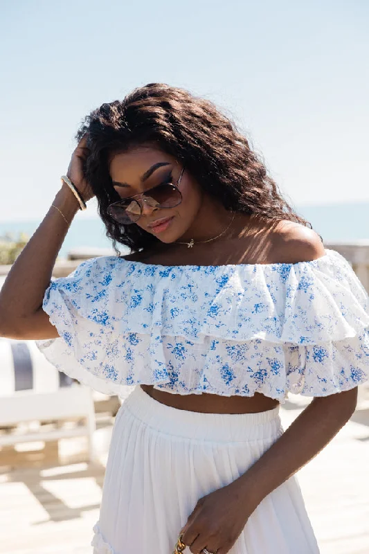 Swaying In A Breeze Blue And Ivory Floral Printed Linen Blouse