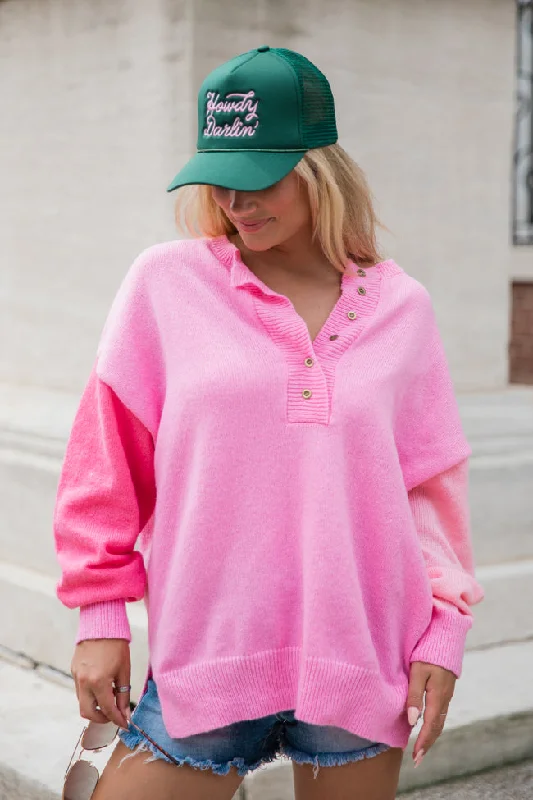 Take My Hand Pink Color Block Sleeve Henley Sweater