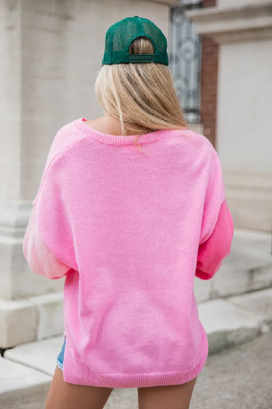 Take My Hand Pink Color Block Sleeve Henley Sweater