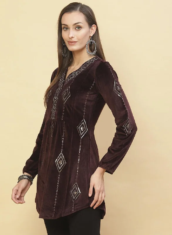 Antique Mauve Embroidered Velvet Tunic With Sequins