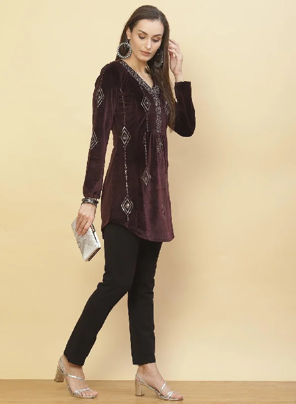 Antique Mauve Embroidered Velvet Tunic With Sequins