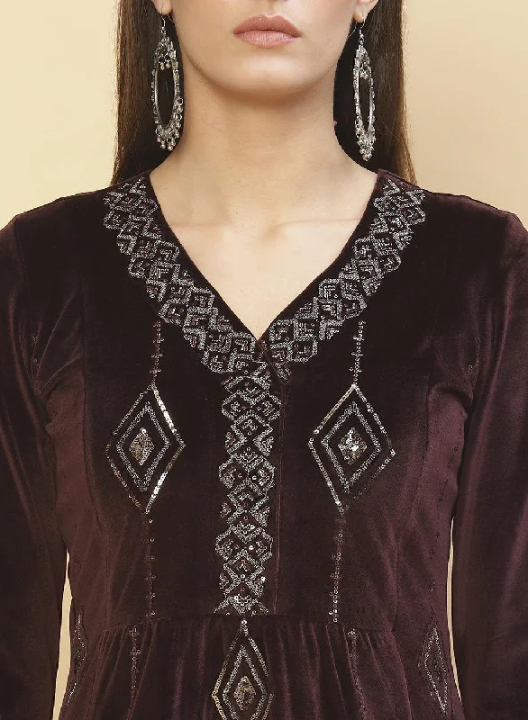 Antique Mauve Embroidered Velvet Tunic With Sequins