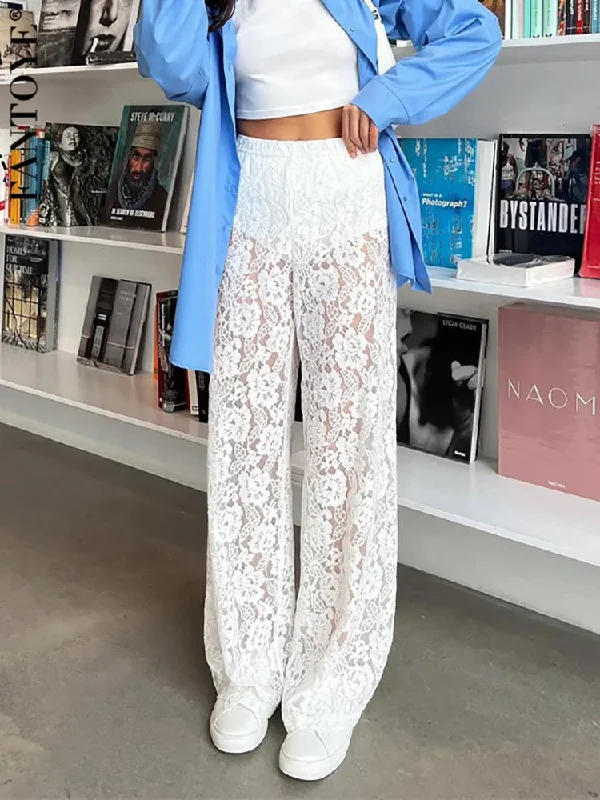 Women's Wide Leg Fashion Designer Transparent Lace Pants