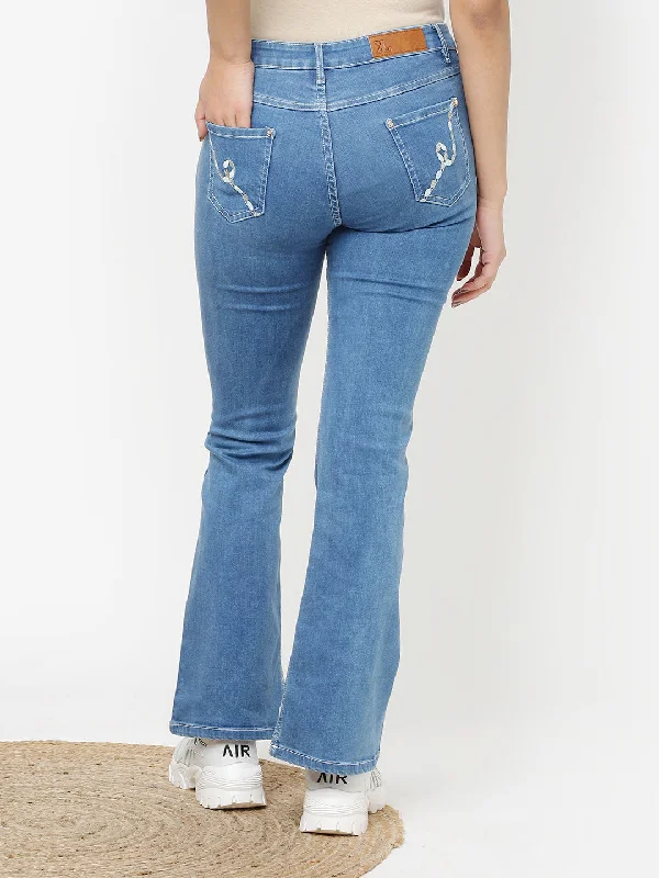 Blue Embroidered Flared Jeans for Women