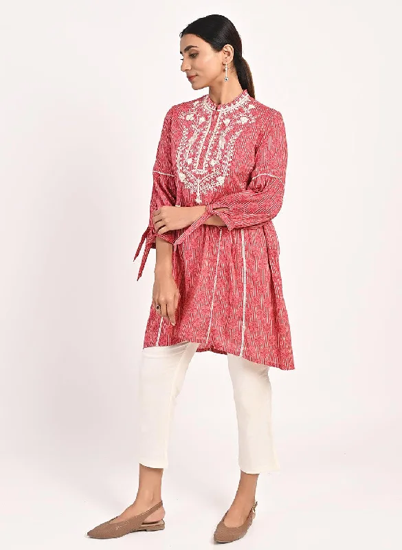 Floral Stripe Red Tunic with Dori Embroidery