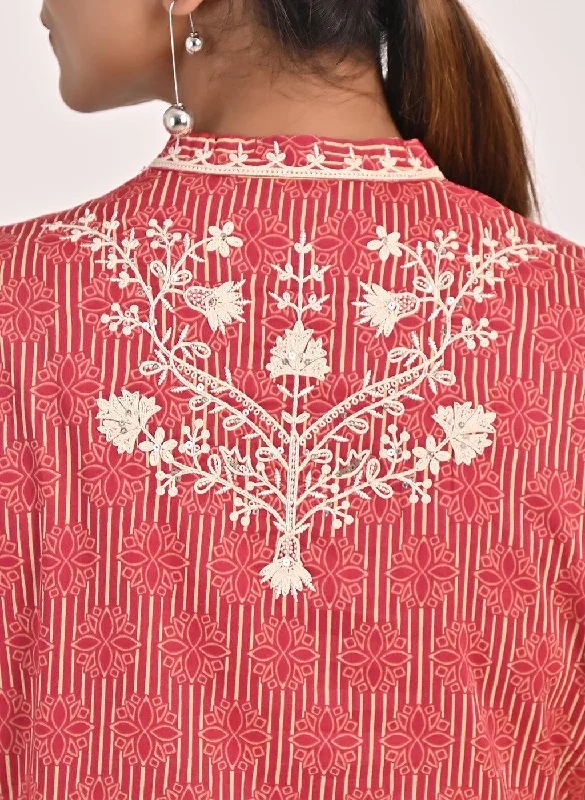 Floral Stripe Red Tunic with Dori Embroidery