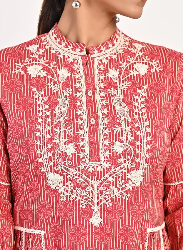 Floral Stripe Red Tunic with Dori Embroidery