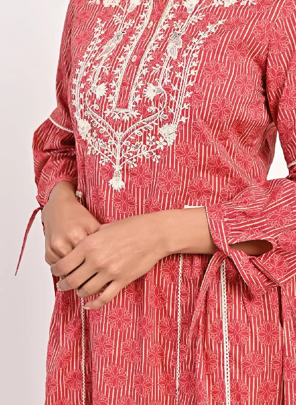 Floral Stripe Red Tunic with Dori Embroidery