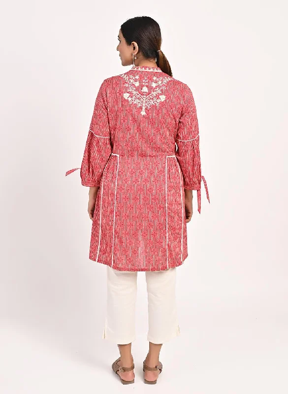 Floral Stripe Red Tunic with Dori Embroidery