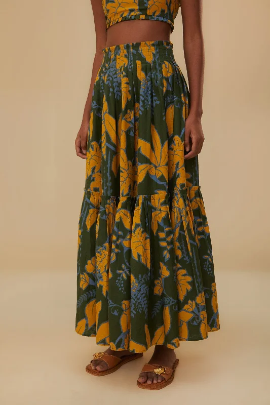 Green Foliage Sketch Lenzing™ Ecovero™ Euroflax™ Midi Skirt