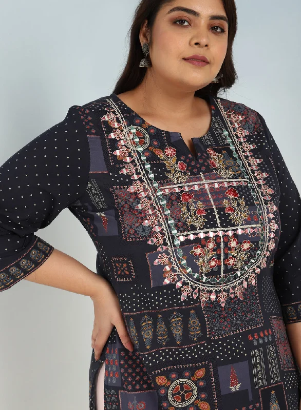 Grey Printed Embroidered Kurta with Embellished Front Yoke