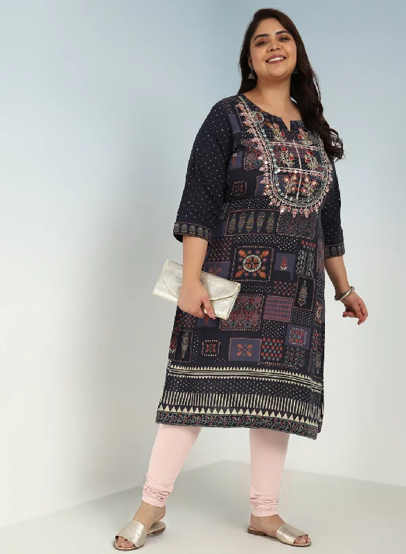 Grey Printed Embroidered Kurta with Embellished Front Yoke