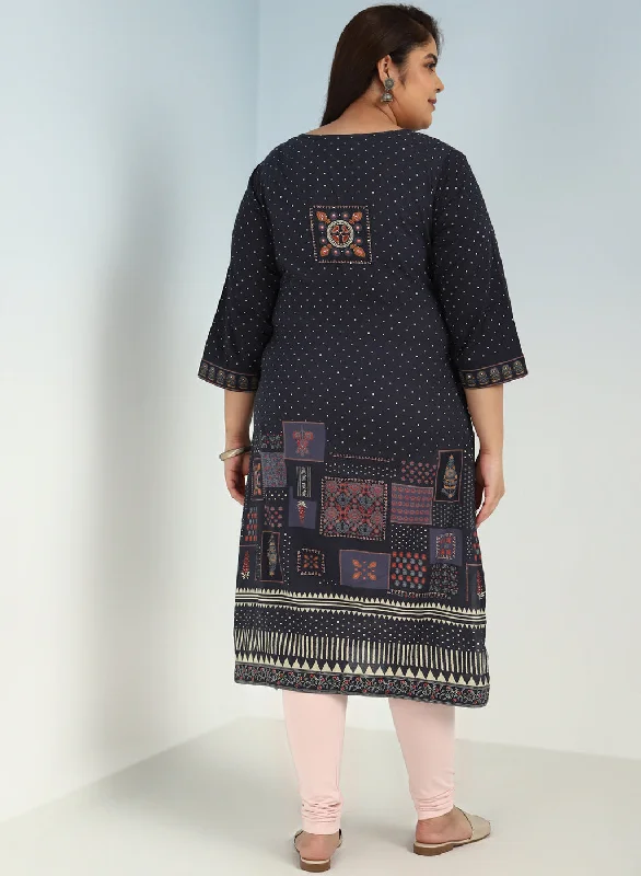 Grey Printed Embroidered Kurta with Embellished Front Yoke