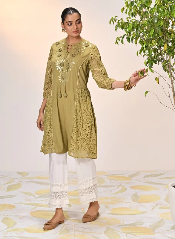 Inaara Moss Green Embroidered Raschel Net Dress For Women