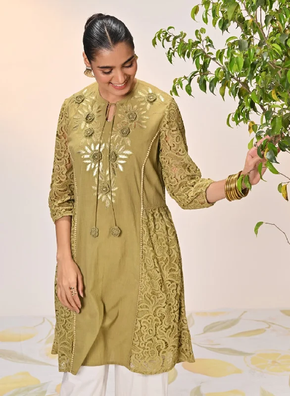 Inaara Moss Green Embroidered Raschel Net Dress For Women