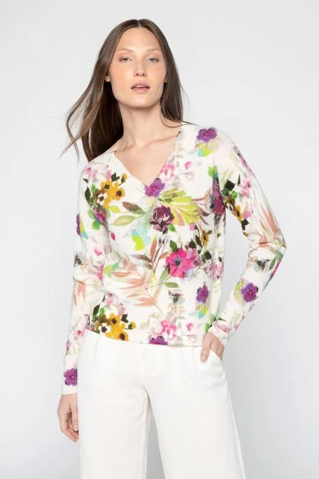 Kinross Cashmere Floral Vee