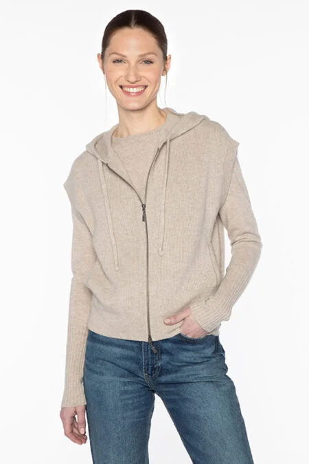 Kinross Cashmere S/L Rib Zip Hoodie