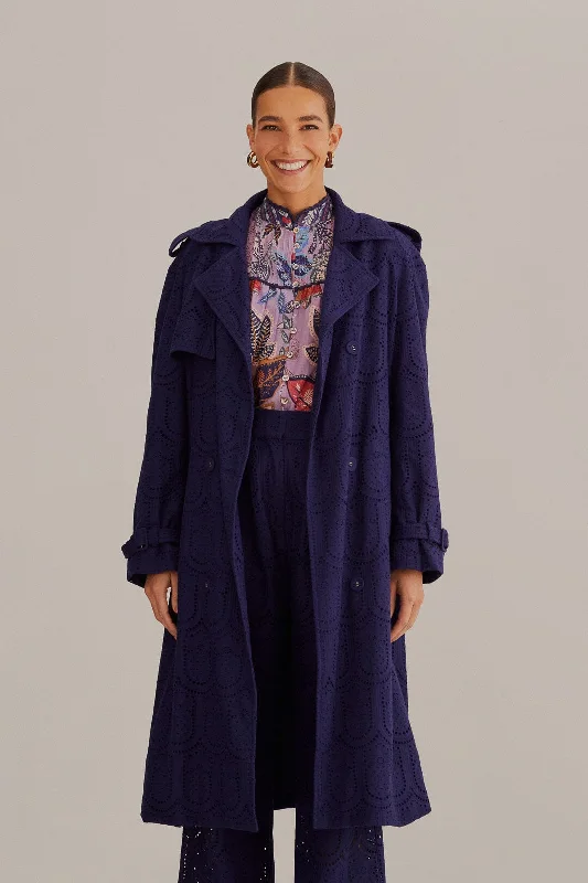 Navy Blue Pineapple Cotton Eyelet Trench Coat