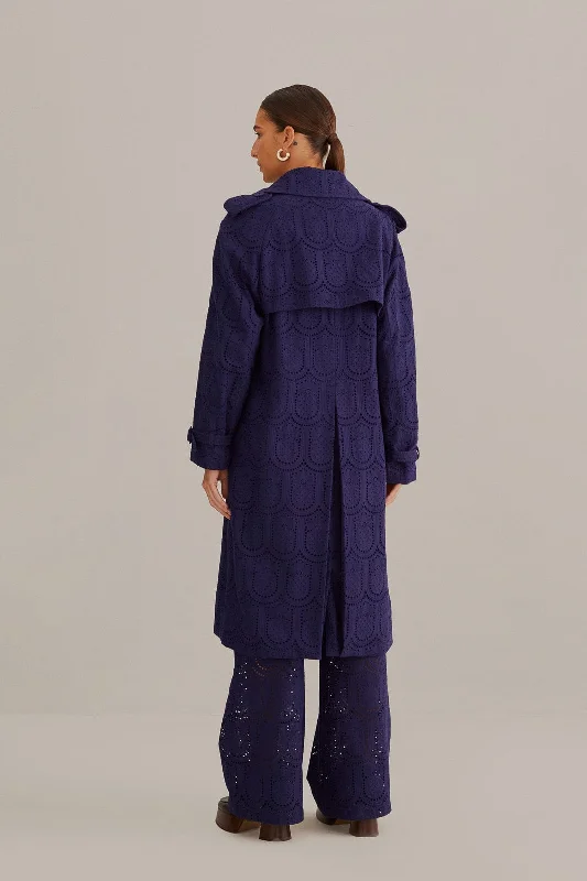 Navy Blue Pineapple Cotton Eyelet Trench Coat