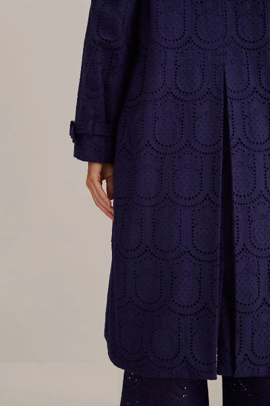 Navy Blue Pineapple Cotton Eyelet Trench Coat