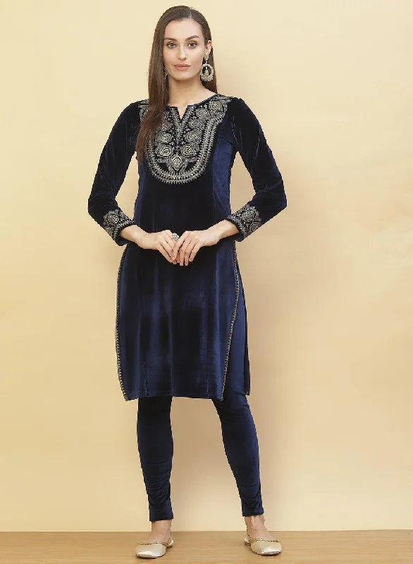 Imperial Blue Embroidered Velvet Kurti