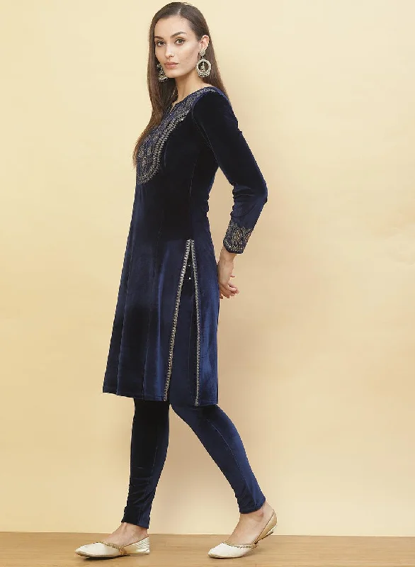 Imperial Blue Embroidered Velvet Kurti