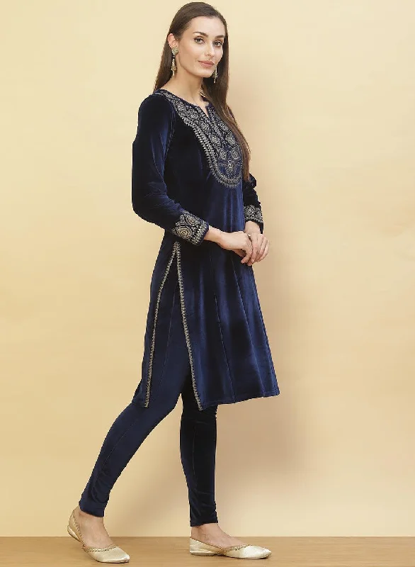 Imperial Blue Embroidered Velvet Kurti