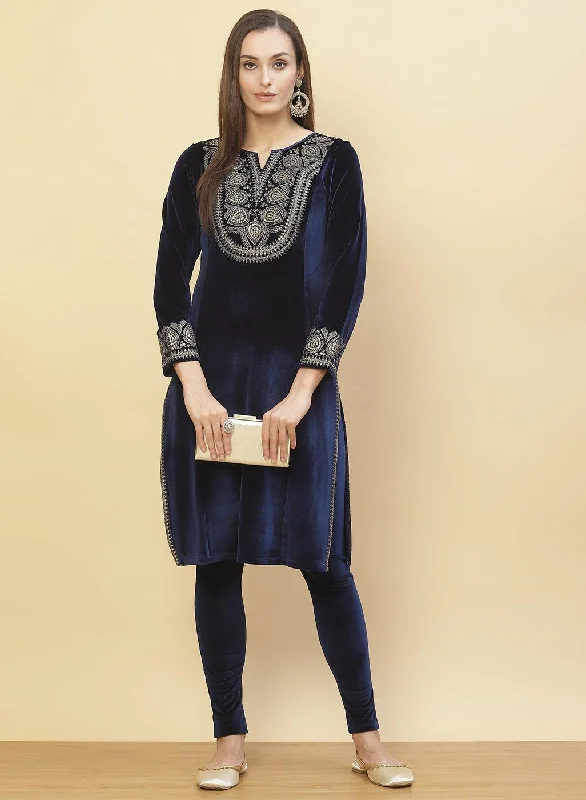 Imperial Blue Embroidered Velvet Kurti