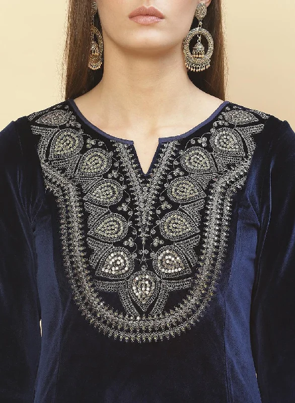 Imperial Blue Embroidered Velvet Kurti