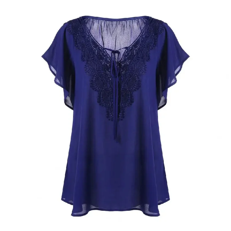 Women's V Neck Fashion Designer Chiffon Lace T-Shirts (Plus Size)